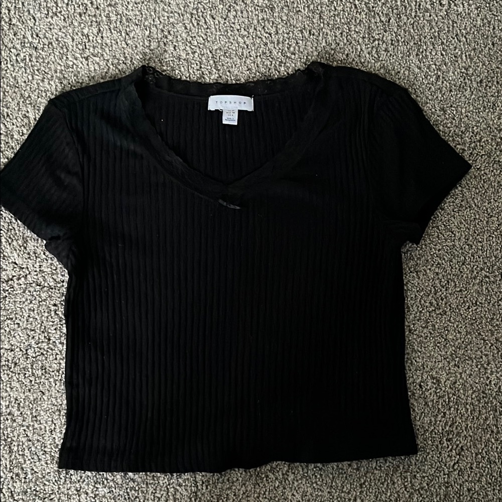Top Shop Black Ribbed V-Neck T-Shirt